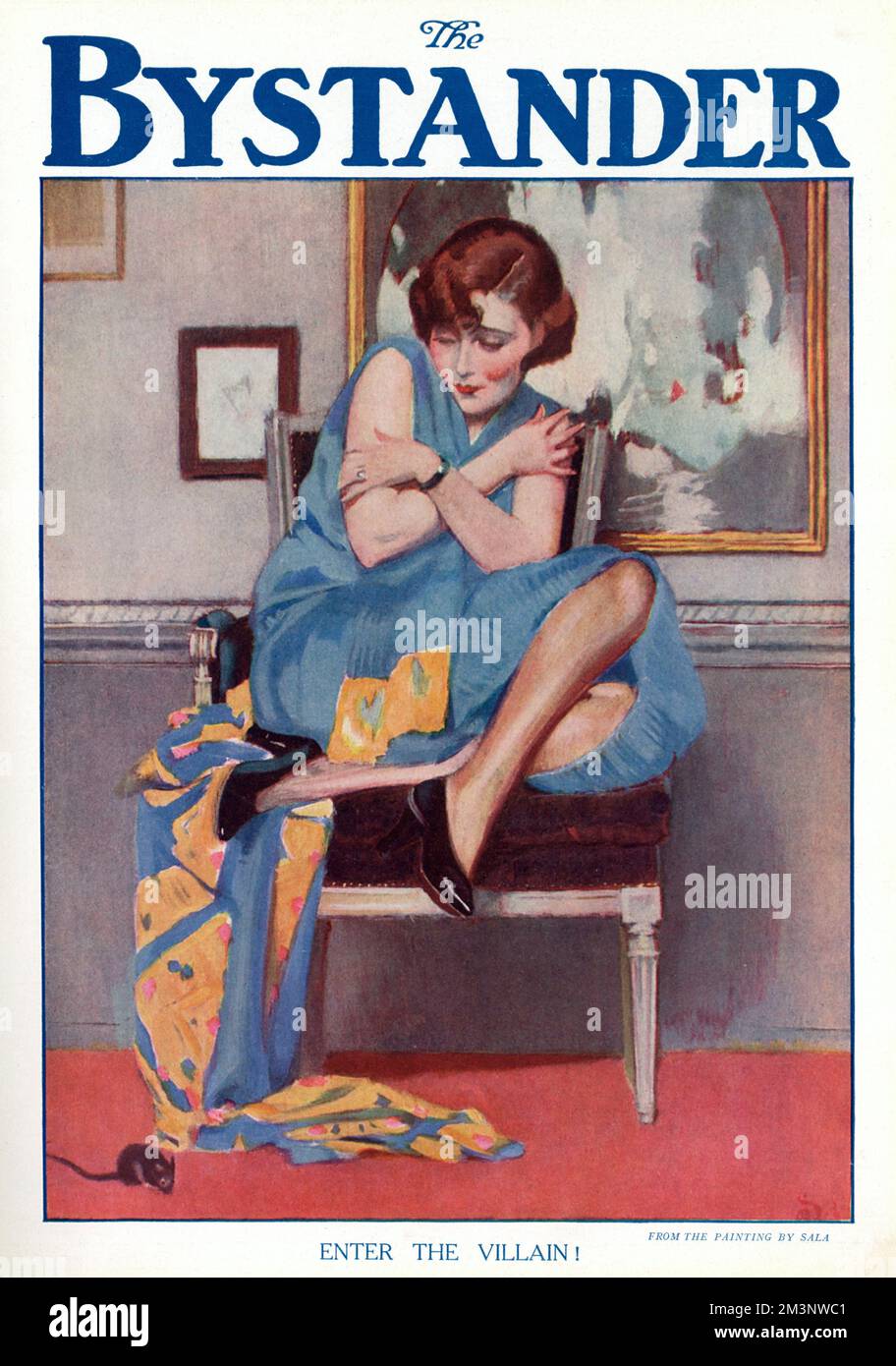Eine modisch gekleidete 1920er-Klappe stellt fest, dass ihr neu gefundenes Selbstvertrauen durch das Aussehen einer kleinen Maus auf die Probe gestellt wird. Datum: 1927 Stockfoto