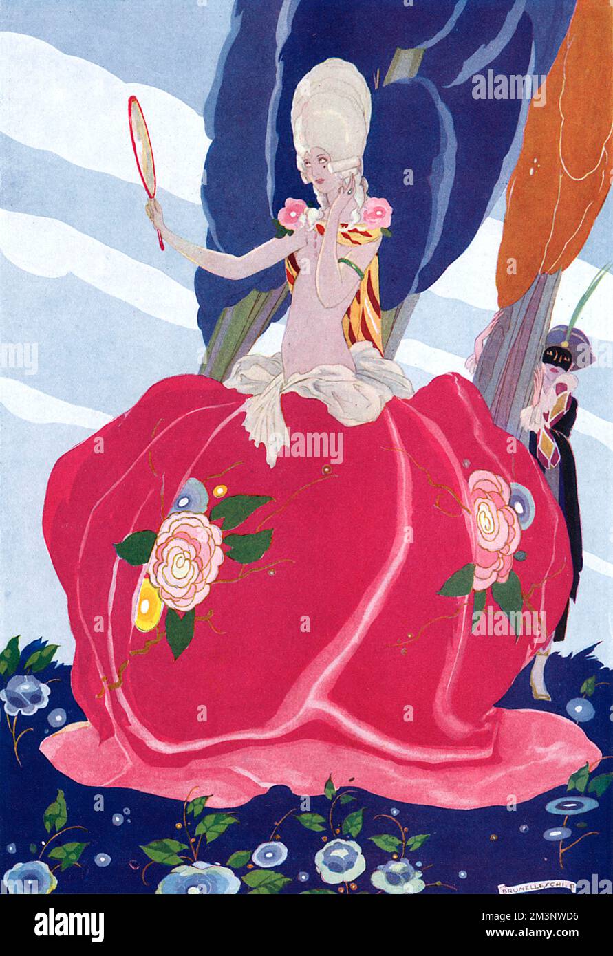 Die stilisierte Illustration zeigt eine schöne Frau in einem Kostüm aus dem 18.. Jahrhundert, das eine Rose repräsentiert, und bewundert ihr Spiegelbild, wie ein maskierter Harlekin sie hinter einem Baum beobachtet. Datum: 1927 Stockfoto