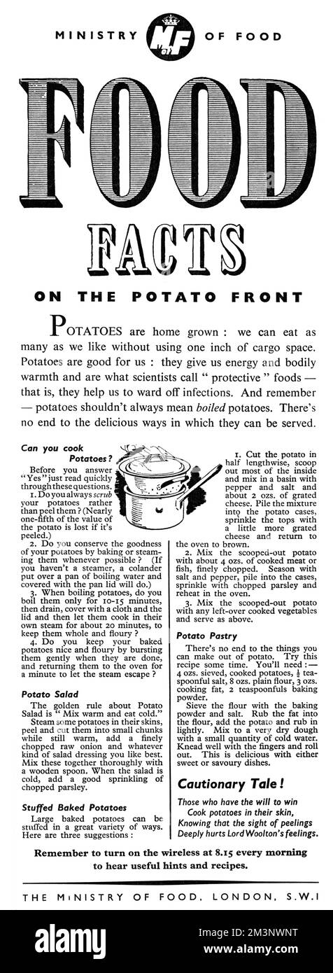 "Essensfakten auf der Kartoffelfront". Kartoffeln werden selbst angebaut: Wir können so viele essen, wie wir wollen, ohne einen Zentimeter Laderaum zu nutzen. Kartoffeln sind gut für uns: Sie geben uns Energie und Körperwärme und sind das, was Wissenschaftler als "schützende" Lebensmittel bezeichnen - das heißt, sie helfen uns, Infektionen abzuwehren. Und denken Sie daran: Kartoffeln sollten nicht immer gekochte Kartoffeln bedeuten. Die köstliche Art und Weise, wie sie serviert werden können, ist endlos. Datum: 1941 Stockfoto