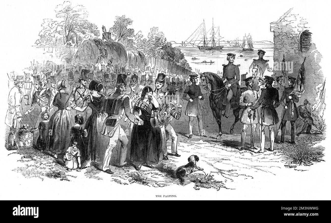 Das Trennelement. Einschiffung britischer Truppen in Gravesend, für den Auslandsdienst. Ein Soldat verlässt sein Mädchen. Datum: 1846 Stockfoto