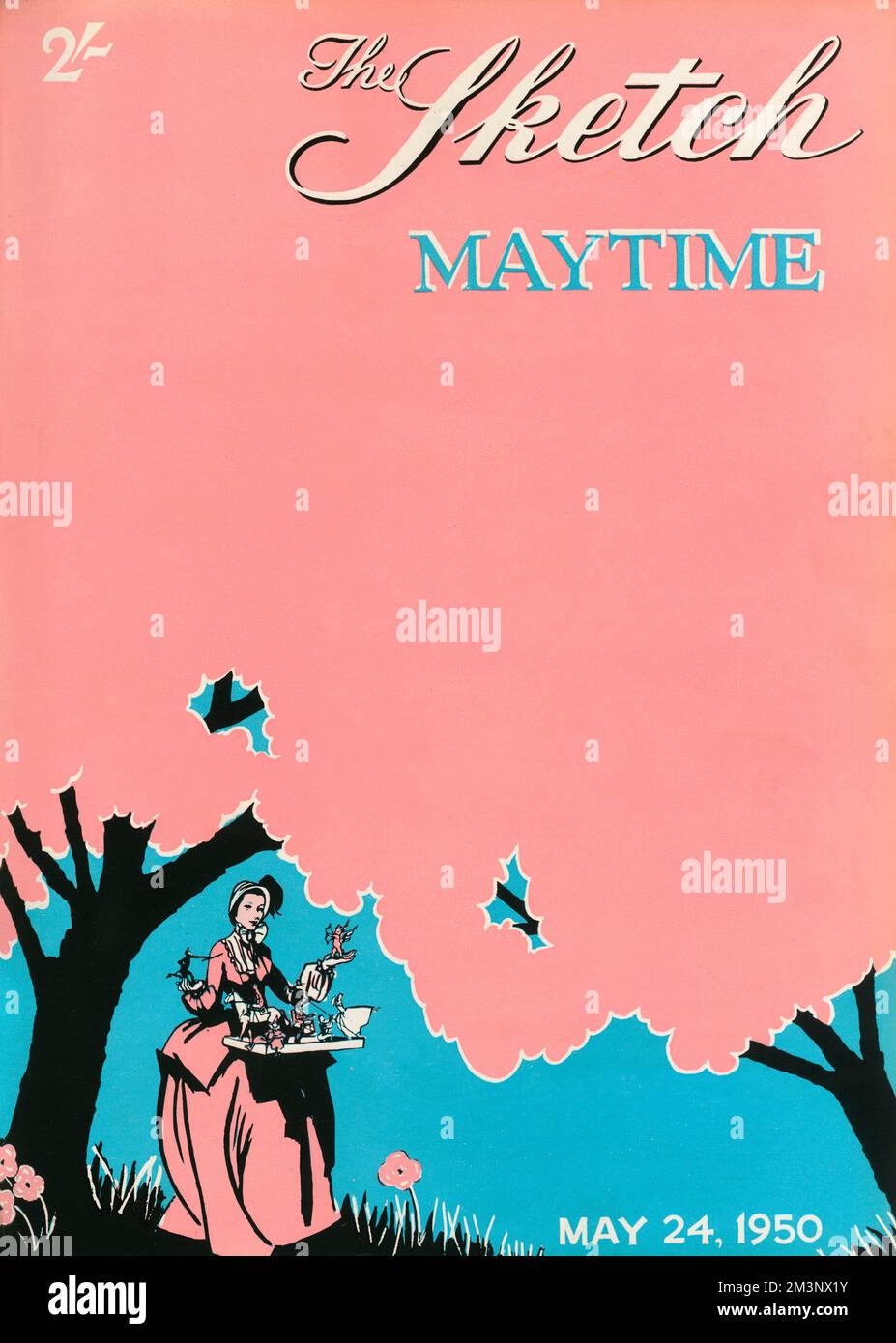 Ein rosafarbenes und federndes Cover des Sketch mit dem Maskottchen des Magazins (eine viktorianische Dame in einer Haube mit Spielzeugladen) inmitten von blühenden Bäumen. Datum: 1950 Stockfoto