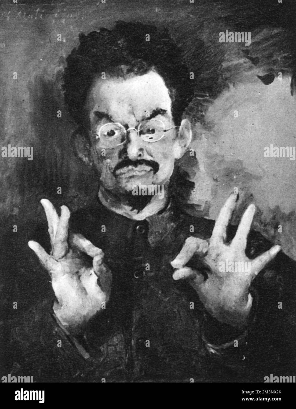 Eine schwarz-weiße Reproduktion eines Porträts von Leon Trotsky des russischen Malers Phillipe Maliavine (Filipp Malyavin) (1869-1940). Dies war eine von mehreren Zeichnungen und Gemälden von Maliavine, die 1935 in den New Burlington Galleries in London ausgestellt wurden Stockfoto