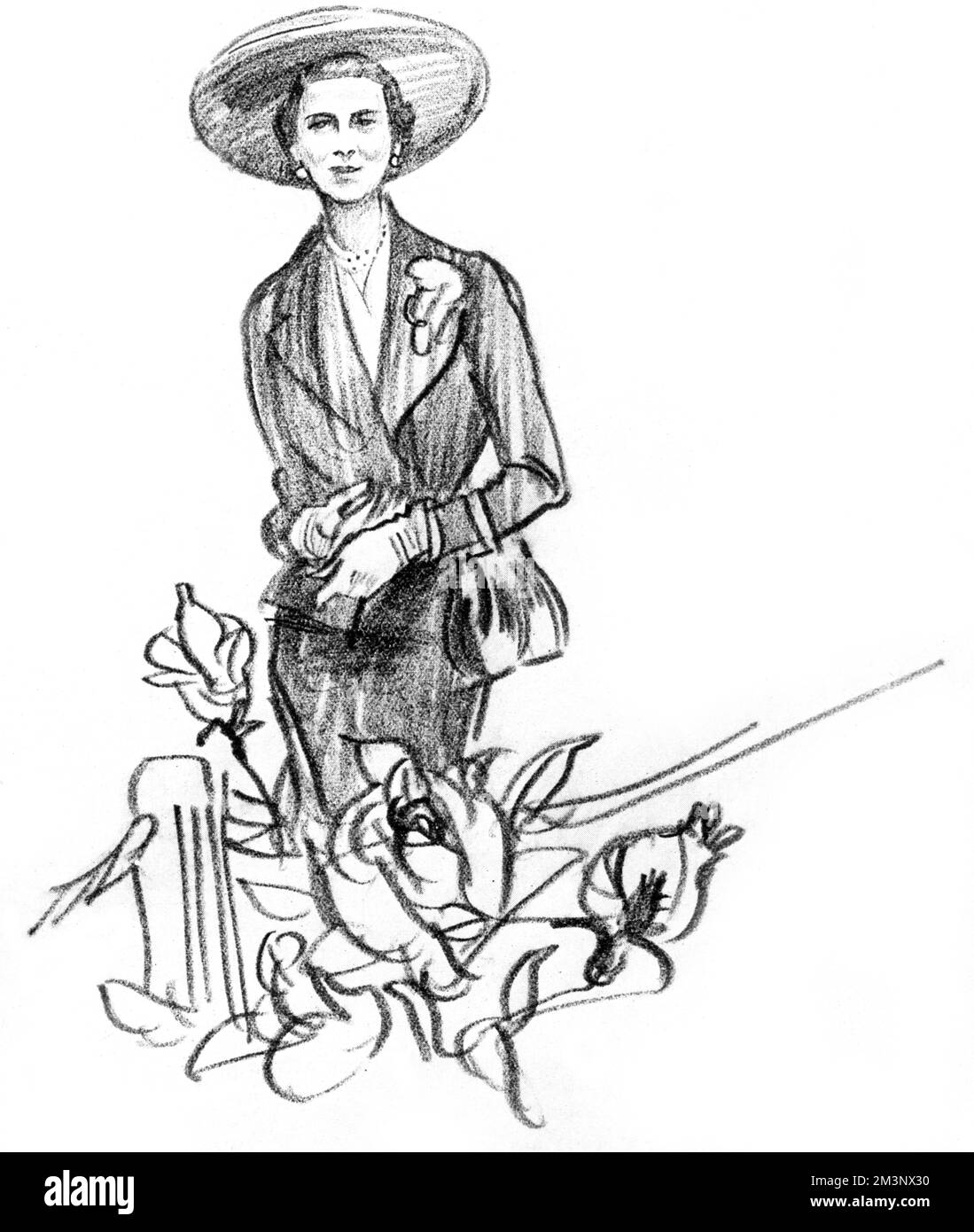 Eine Skizze, auf der Prinzessin Marina, Herzogin von Kent, elegant gekleidet wie immer, und bei der Chelsea Flower Show im Jahr 1950 einige übergroße Rosen besichtigt werden. Datum: 1950 Stockfoto
