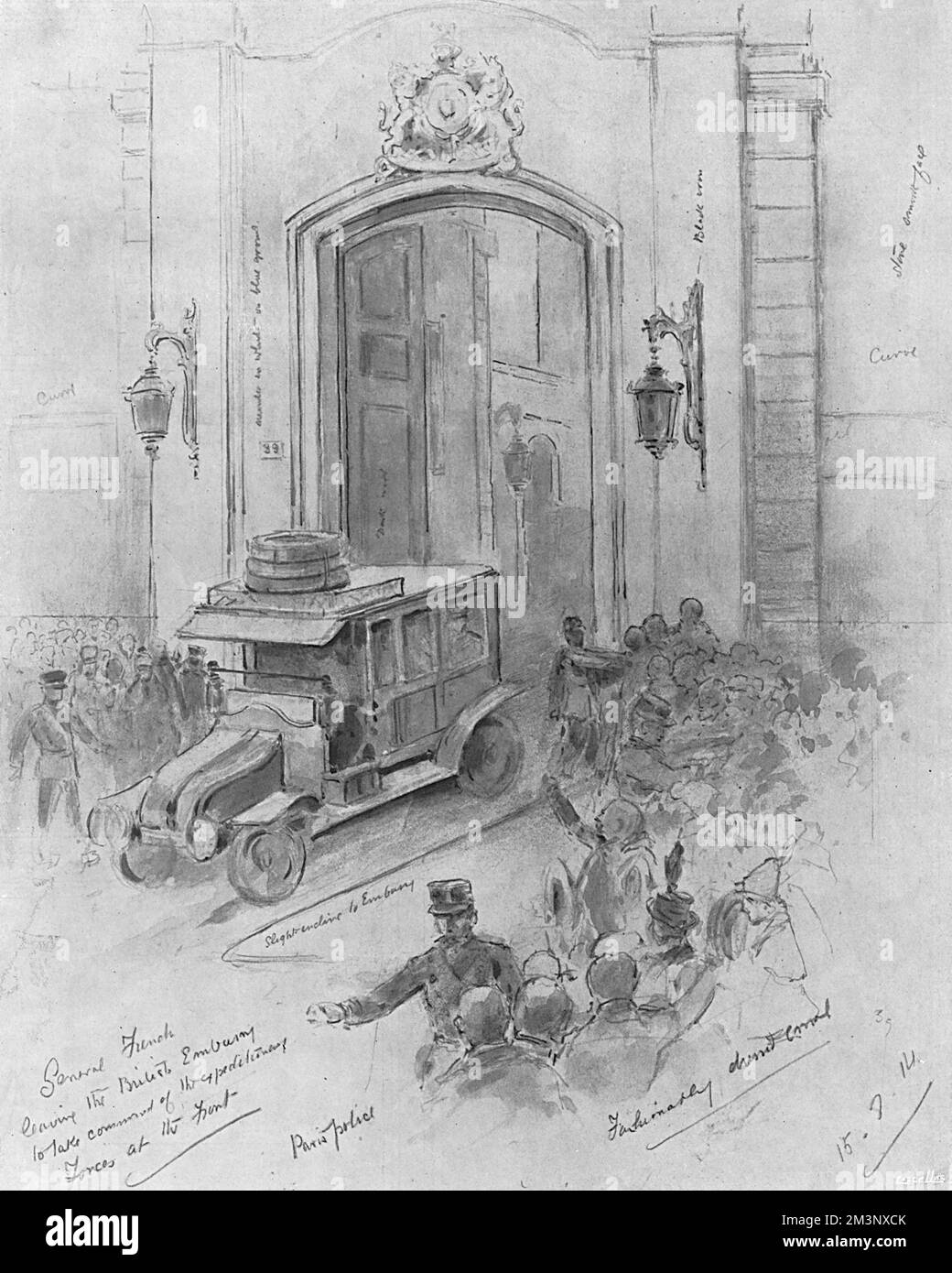 Ein Wagen mit Sir John French, Oberbefehlshaber der britischen Expeditionstruppe, verlässt die britische Botschaft am 15. August 1914 in Paris Stockfoto
