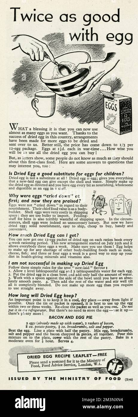 "Doppelt so gut mit Ei". Welch ein Segen, dass Sie jetzt fast so viele Eier verwenden, wie Sie wollen. Dank des Erfolgs von Trockeneiern in diesem Land wurden Vorkehrungen getroffen, damit mehr Eier getrocknet und zu uns geschickt werden. Und noch besser: Der Preis ist auf 1/3 pro 12-Ei-Packung gesunken. Eier zu je I1/4D in Kriegszeiten. . . Wie klug werden Sie sein, so viel getrocknetes Ei zu verwenden, wie Sie kaufen können! Datum: 1943 Stockfoto