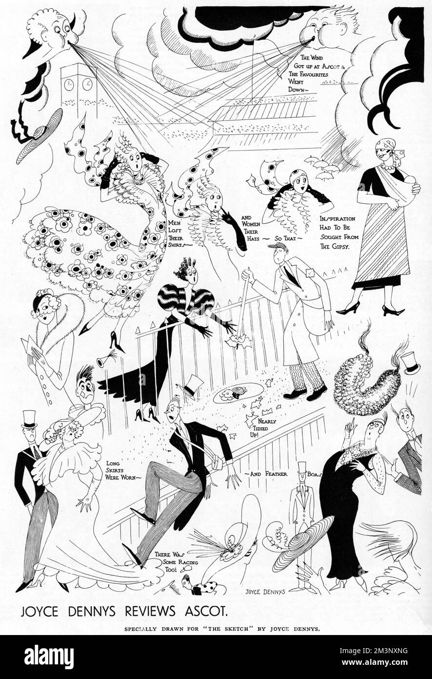 Eine Reihe humorvoller Skizzen von Joyce Dennys, die sich über die Smart Society im Royal Ascot lustig machen. Sie zeigt einer modischen Dame, wie sie ihren Hut verliert und ihn fast als Müll aufsammeln lässt, während lange Röcke unbeholfen aufgesetzt werden. Datum: 1934 Stockfoto