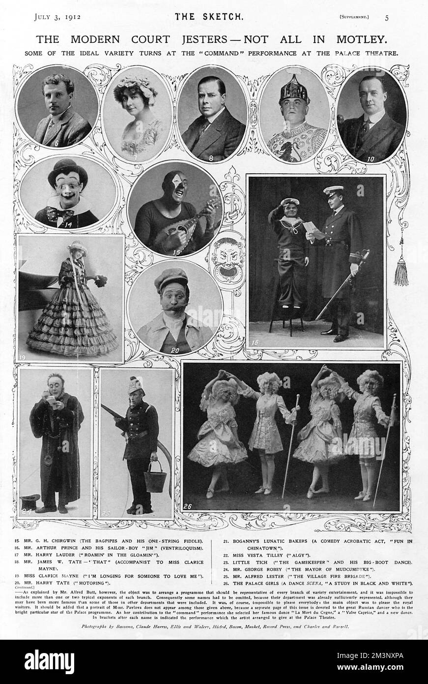 Einige der Besetzung der ersten Royal Variety Show im Palace Theatre, 1912. 6. Mr. Charles Aldrich (schnelle Identitätswechsel und Jonglieren) 7. Miss Cissie Loftus (Imitationen bekannter Künstler) 8. Mr. David Devant (eine neue Illusion) 9. Mr. Harry Claff (Gott schütze den König) 10. Mr. Wilkie Bard (der Nachtwächter) 14. Herr Edwin Rece Pippafax (in Humpti-bumpsti) 15. Mr. G. H Chirgwin (die Dudelsäcke und seine einsträngige Fiedel) 16. Mr. Arthur Prince und sein Seemannsjunge Jim (Bauchredner) 19. Miss Clarice Mayne (Ich sehne mich danach, dass mich jemand liebt) 20. Herr Harry Tate (Motoring) 24. M Stockfoto