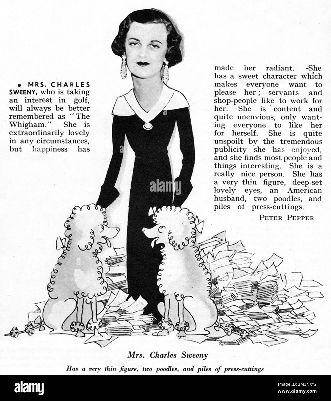 Frau Charles Sweeny, eine der wichtigsten Persönlichkeiten des Jahres 1933, teilweise in Karikatur mit zwei Pudeln (einer Hunderasse, die sie besonders mochte) und umgeben von Stapeln Pressespielen dargestellt. Datum: 1933 Stockfoto