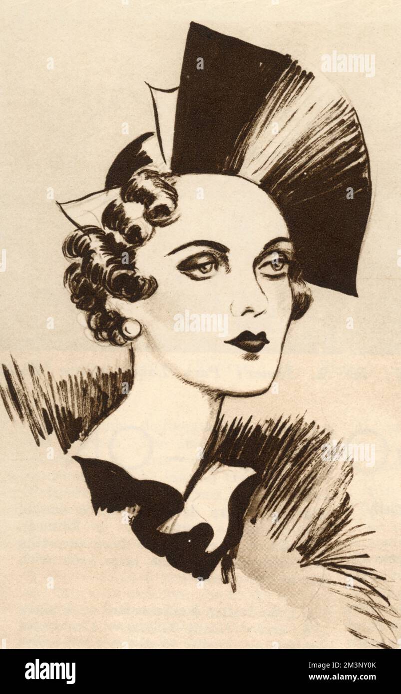 Frau Charles Sweeny (1912-1993), früher Miss Margaret Whigham und später Herzogin von Argyll, skizziert von Molly Bishop auf einer Cocktailparty vor dem Empire Ball mit einem glänzenden schwarzen Strohhut, "eine exzentrische Mode, der nur die nettesten Menschen folgen sollten". Datum: 1935 Stockfoto