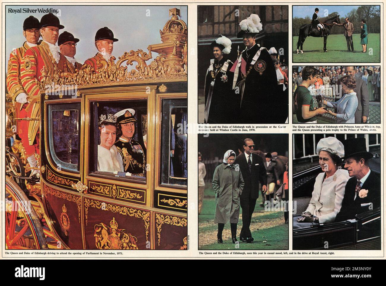 Fotos von verschiedenen Anlässen während der Herrschaft der Königin, darunter die Königin und der Herzog von Edinburgh, die zur Eröffnung des parlaments im Jahr 1971 fuhr, bei einer Prozession bei der Garter-Zeremonie im Windsor Castle im Jahr 1970 und im Royal Ascot. Stockfoto