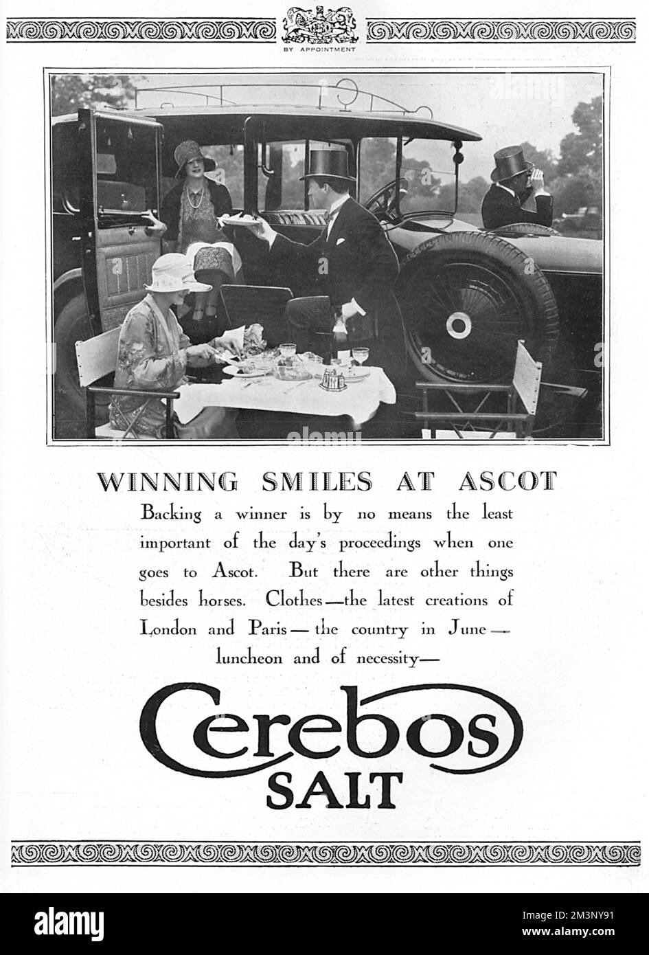 Cerebos Salt, ein wesentlicher Teil der Gesellschaftssaison, entworfen, um einen Pep und Vitalität während Ihres Aufenthalts im Royal Ascot zu geben, und sich zu einem selbstgemachten Silberessen zu setzen. Datum: 1928 Stockfoto