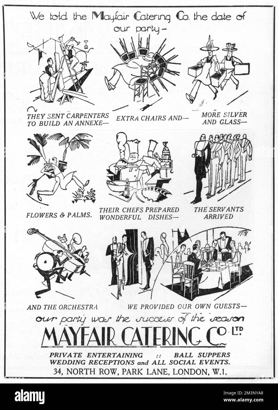 Werbung für die Mayfair Catering Company, die alles bietet, was eine gesellschaftliche Gastgeberin für eine erfolgreiche Unterhaltung während der Saison braucht, von Silber und Gläsern über Blumen und Palmen bis hin zu Dienern und einem Orchester. Datum: 1928 Stockfoto