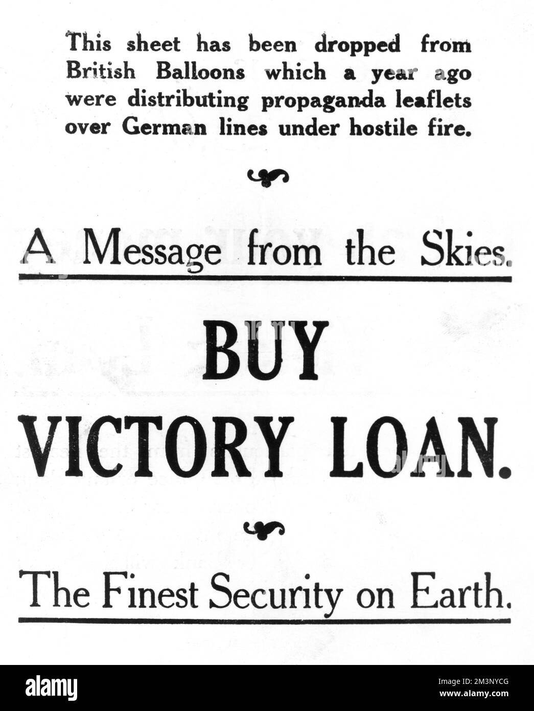 A Message from the Skies – während der Ersparniskampagne im ersten Weltkrieg fiel ein Siegeskredit-Flugblatt aus britischen Luftballons. Datum: 1917 Stockfoto