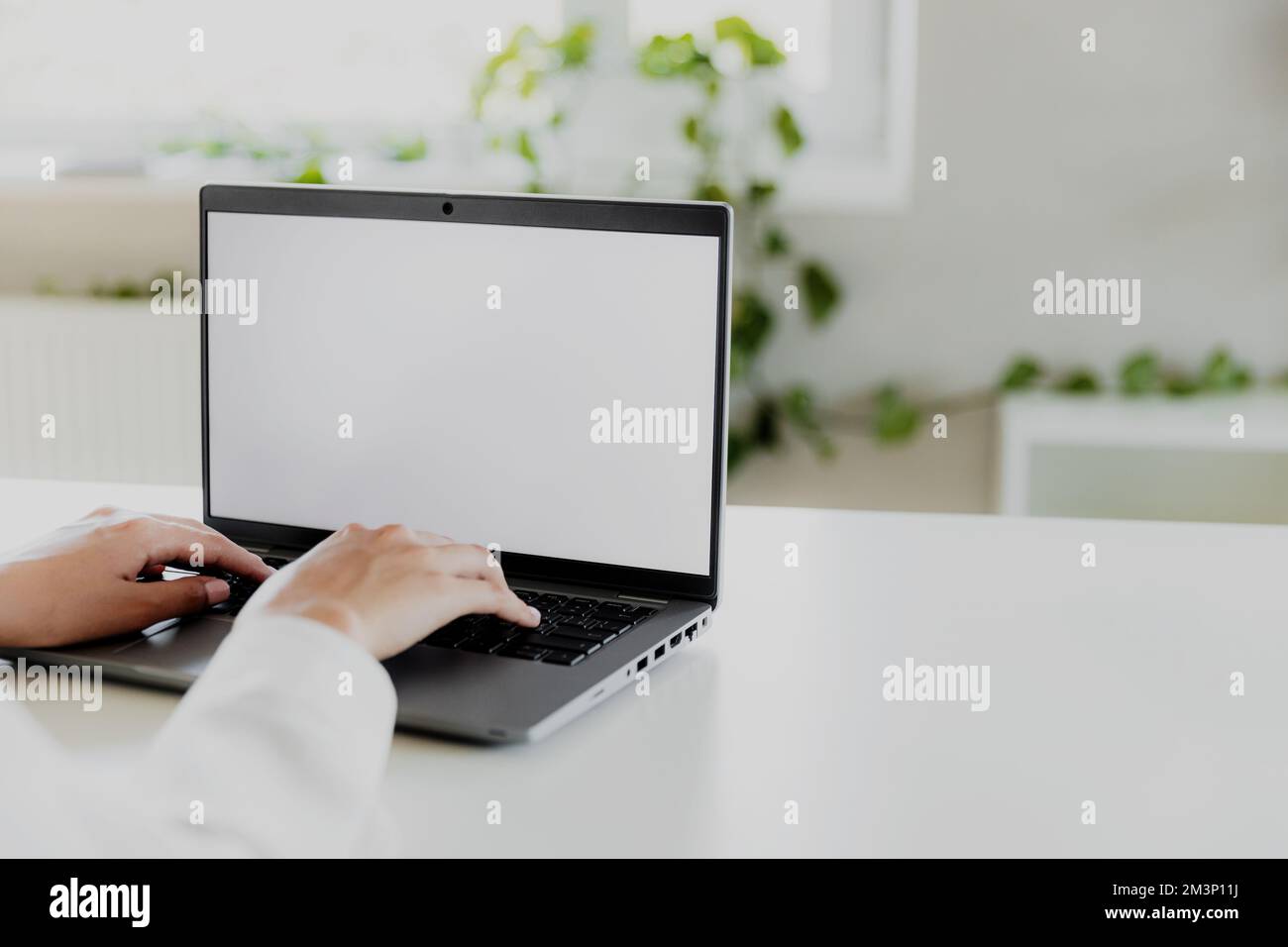 Weibliche Hände tippen auf dem Laptop mit leerem weißen Bildschirmmodell. Der Computer liegt auf dem weißen Tisch. Unscharfer Hintergrund. Person, die von zu Hause aus arbeitet Concept. Bereichsbereich für Text kopieren Stockfoto