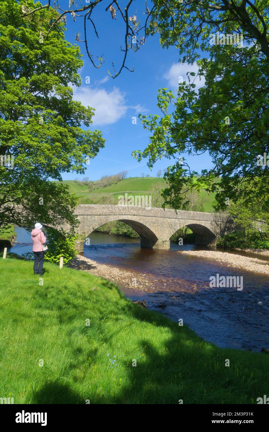 Blick nach Osten entlang des sanft fließenden Flusses Swale in Swaledale. Von der Low LN Brücke in der Nähe des Dorfes Reeth, von B6270. In Der Nähe Von Richmond, Yorkshire Dales Stockfoto