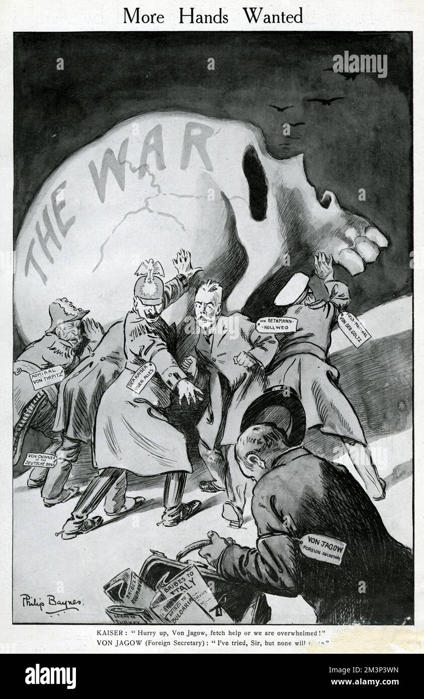 Cartoon, Mehr Hände Gesucht. Admiral von Tirpitz, von Gwinner (Deutsche Bank), Kaiser Wilhelm, von Bethmann-Hollweg und Feldmarschall von der Goltz kämpfen mit dem Krieg (vertreten durch einen großen menschlichen Schädel) und bitten den deutschen Außenminister von Jagow, mehr Hilfe zu schicken. Er steht hilflos mit verschiedenen Bestechungsdokumenten in seiner Tasche und sagt, er habe es versucht, aber niemand wird kommen. Datum: August 1914 Stockfoto