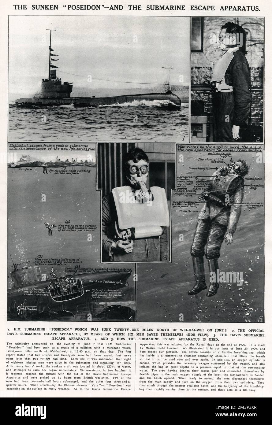 HMS Poseidon und das U-Boot-Fluchtgerät. Poseidon wurde am 9. Juni 1931 nach einem Zusammenstoß mit dem chinesischen Handelsdampfer SS Yuta versenkt. Das Davis-U-Boot (oder Tauchgerät) war an Bord, mit dem sich sechs Männer retteten. Die Diagramme zeigen, wie das Gerät verwendet wird. Stockfoto
