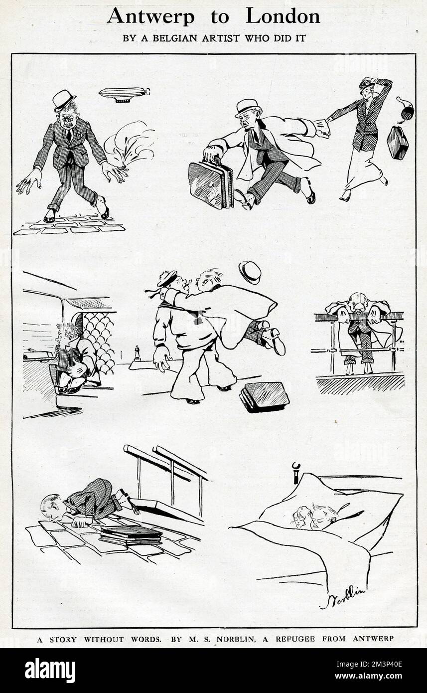 Cartoons, von Antwerpen nach London, von einem belgischen Künstler, der es getan hat. Er zeigte, wie ein belgischer Künstler, M S Norblin, entschied, Belgien aus der Kriegszeit zu entfliehen, und die verschiedenen Etappen seiner Reise wurden auf komische Weise präsentiert. September 1914 Stockfoto