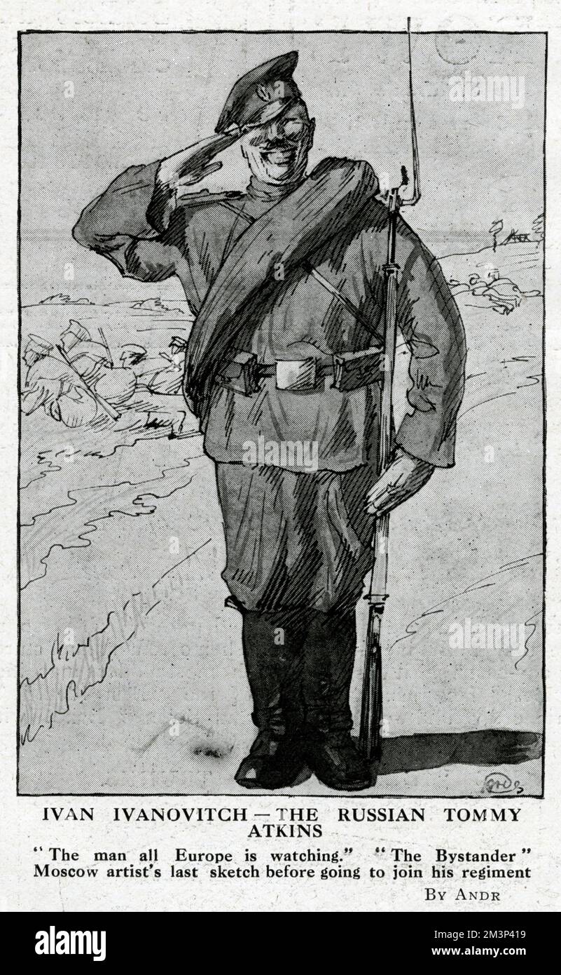 Iwan Iwanowitsch, der russische Tommy Atkins zu Beginn des Ersten Weltkriegs. Ein typischer russischer Soldat lächelt und salutiert. Datum: August 1914 Stockfoto