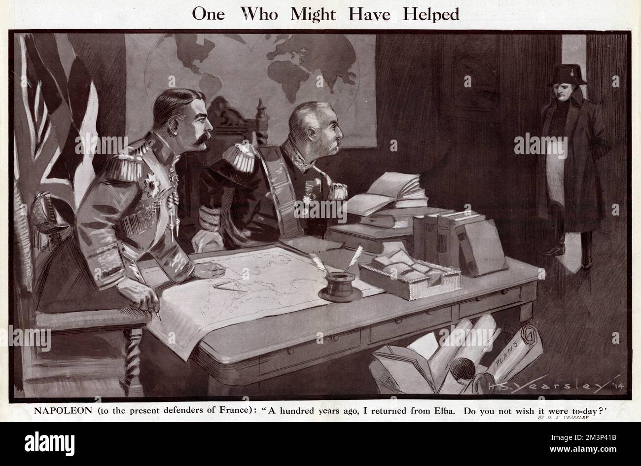 Cartoon, Einer, Der Vielleicht Geholfen Hätte. Lord Kitchener und General Pau, die Verteidiger Frankreichs zu Beginn des Ersten Weltkriegs, sitzen mit Büchern und Karten an einem Schreibtisch. Sie sehen eine Vision von Napoleon, der sagt: Vor hundert Jahren kehrte ich von Elba zurück. Wünschst du dir nicht, es wäre heute? Datum: September 1914 Stockfoto