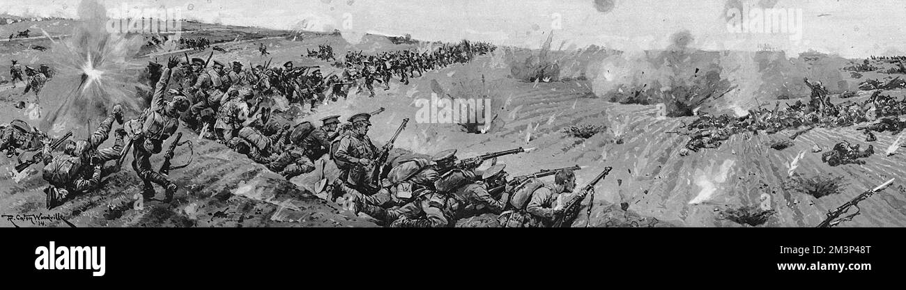 Die Schlacht von Mons, die erste große Aktion der britischen Expeditionstruppe im Ersten Weltkrieg.Angesichts einer größeren deutschen Truppe konnten die Briten nur den deutschen Vormarsch verzögern und waren gezwungen, sich zurückzuziehen. Hier wird der entscheidende Frontwechsel vollzogen, britische Regimente Rollen mit Deckfeuer von ihrer Artillerie zurück. 24. August 1914 Stockfoto