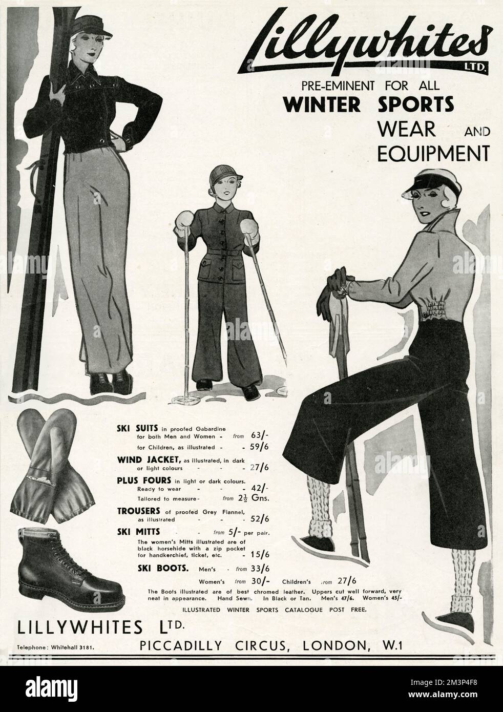 Lillywhites sind für alle Wintersportbekleidung und -Ausrüstung hervorragend geeignet. 1933 Stockfoto