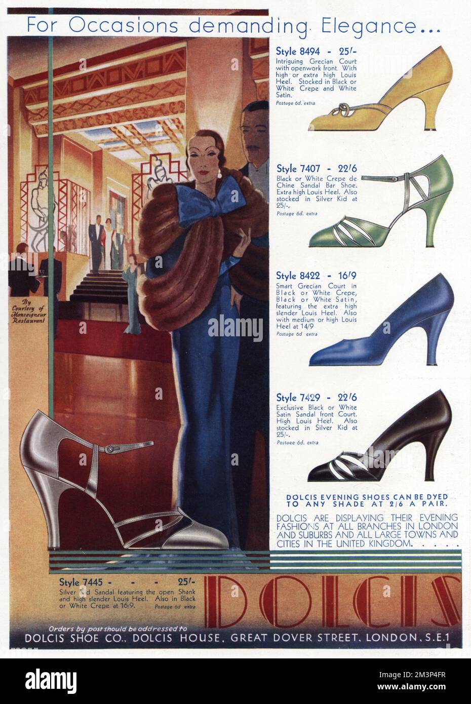 "Für Anlässe, die Eleganz verlangen" . . . Eine Auswahl an modischen Turnschuhen und Sandalen, die in jeden Schatten gefärbt werden können, aus verschiedenen Stoffen oder Kinderleder mit hohen Absätzen und einem Knöchelriemen oder Riegel über dem Spann. 1933 Stockfoto