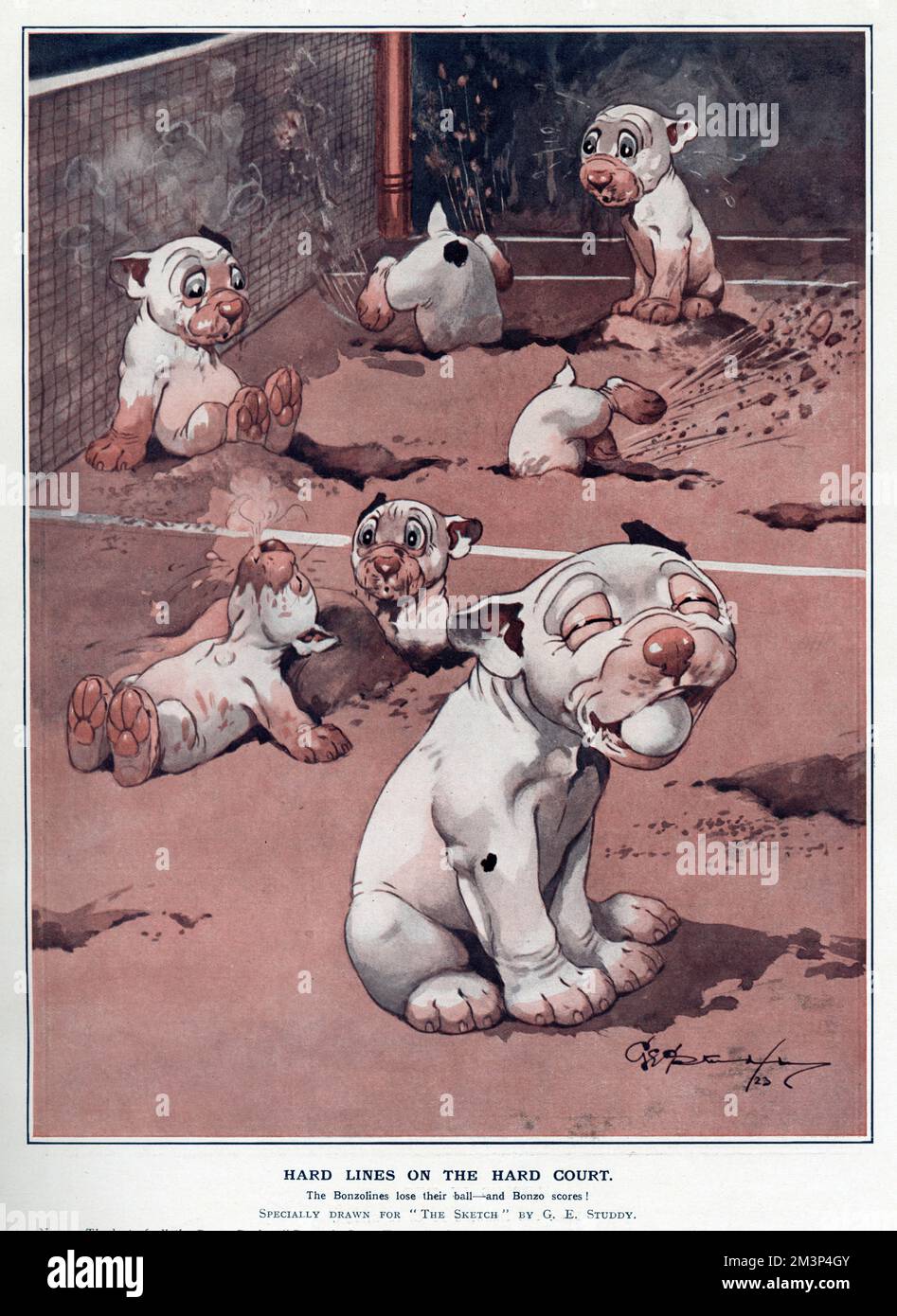 Harte Linien auf dem Hartplatz – die Bonzolines graben in ihrer Suche nach dem Ball, den Bonzo in seinem Mund hält. George Ernest Studdy (1878-1948) war der Schöpfer von „Bonzo“, einem kleinen Hund mit untertassenähnlichen Augen und wahlloser Zucht, der erstmals 1922 in der Skizze erschien. Der „Bonzo“-Wahnsinn durchwühlte die Welt und führte zu Postkarten, Einjahreszeitschriften, Spielzeug und anderen Waren. Das Guthaben sollte lauten: Nachlass von George Studdy/Gresham Marketing Ltd./ILN/Mary Evans Datum: 16. Mai 1923 Stockfoto