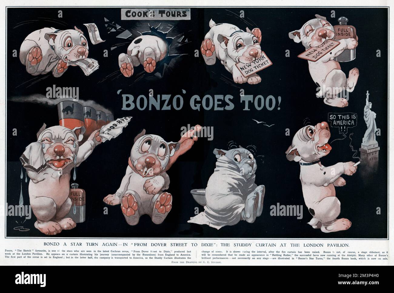 Bonzo ein Star kehrt wieder in "von der Dover Street nach Dixie": Der Studdy-Vorhang im London Pavilion. Er erschien in einer Cochran Revue, die eine Reise von England nach Amerika auf einem speziell entworfenen Vorhang darstellte, der während der Zeit nach dem Anheben des Feuervorhangs gezeigt wurde. George Ernest Studdy (1878-1948) war der Schöpfer von „Bonzo“, einem kleinen Hund mit untertassenähnlichen Augen und wahlloser Zucht, der erstmals 1922 in der Skizze erschien. Der „Bonzo“-Wahnsinn durchwühlte die Welt und führte zu Postkarten, Einjahreszeitschriften, Spielzeug und anderen Waren. Das Ansehen sollte lauten: "Anwesen von George Studdy/Gresham Mark" Stockfoto