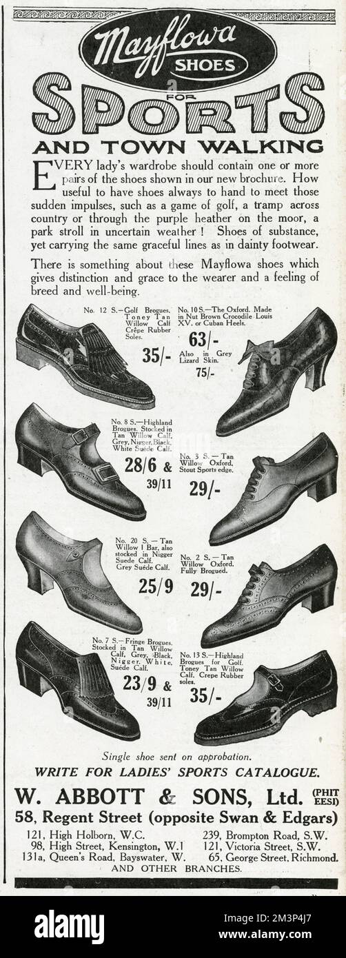 „Mayflowa-Schuhe“. Jede Damengarderobe sollte ein oder mehrere Paar der Schuhe enthalten, die in unserer neuen Broschüre gezeigt werden. 1923 Stockfoto