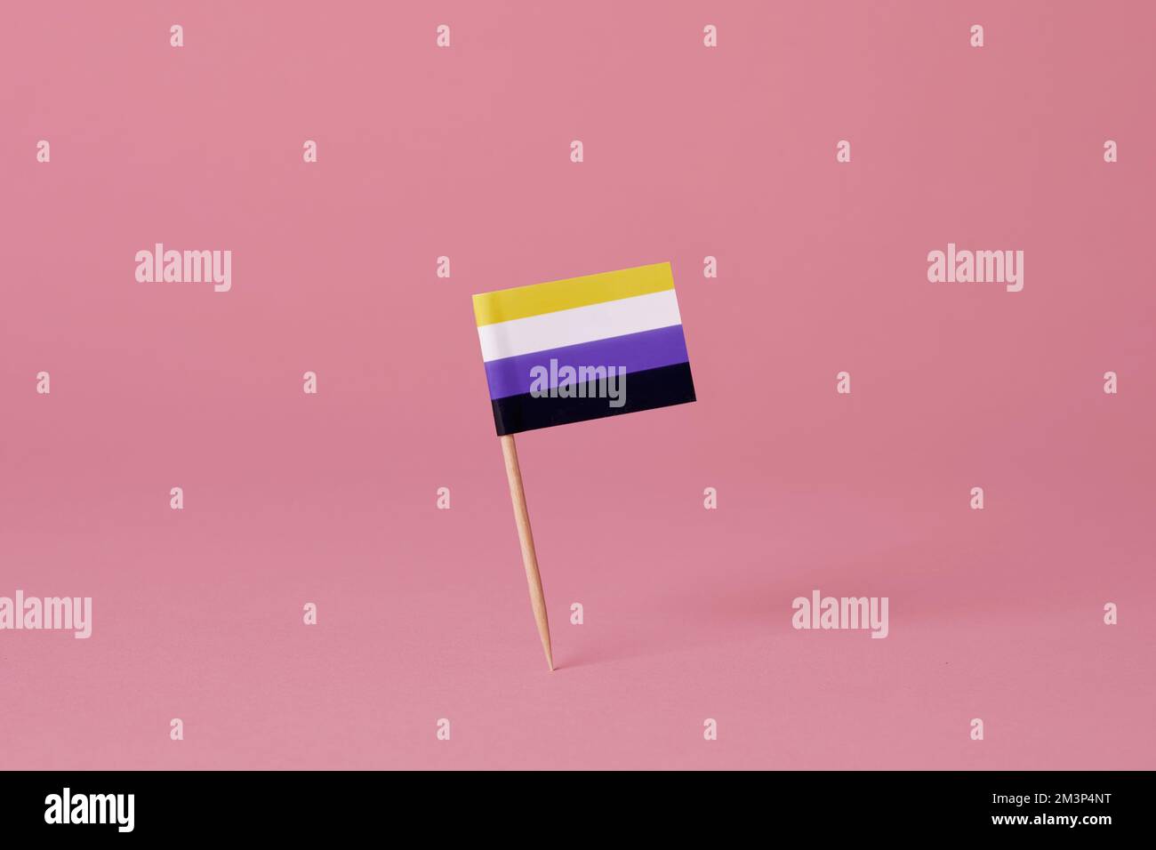 Eine nicht binäre Fahne, die an einer Holzstange befestigt ist, steht auf pinkfarbenem Hintergrund. Stockfoto