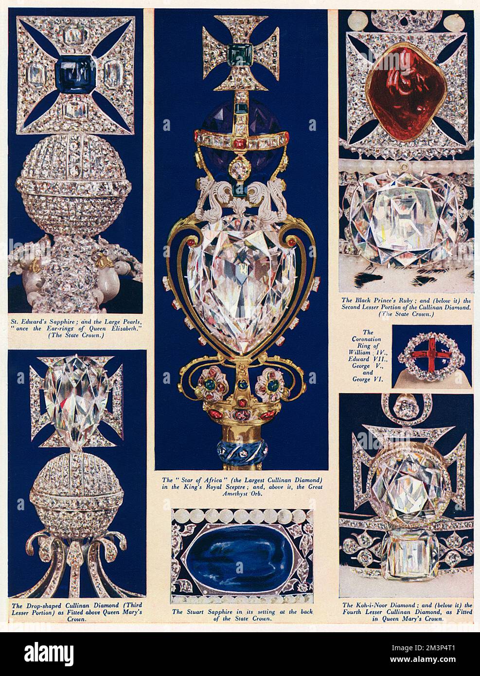 Seite von The Sketch mit einigen der berühmten und unbezahlbaren Juwelen, die die Krönungsregalie von König George VI. Im Jahr 1937 bildeten. St. Edwards Sapphire (oben links) in der Staatskrone soll im Krönungsring von Edward dem Konfessor, dem Stern von Africe (oben Mitte), Ist Teil des Cullinan Diamond, der 1905 in der Premier Mine in Pretoria gefunden wurde - das größte Stück davon befindet sich im königlichen Zepter. Der Ruby des Schwarzen Prinzen (oben rechts) in der Staatskrone gehörte einst dem König von Granada im 14.. Jahrhundert und der Stuart Sapphire (Mitte unten) gehörte wahrscheinlich König Charl Stockfoto
