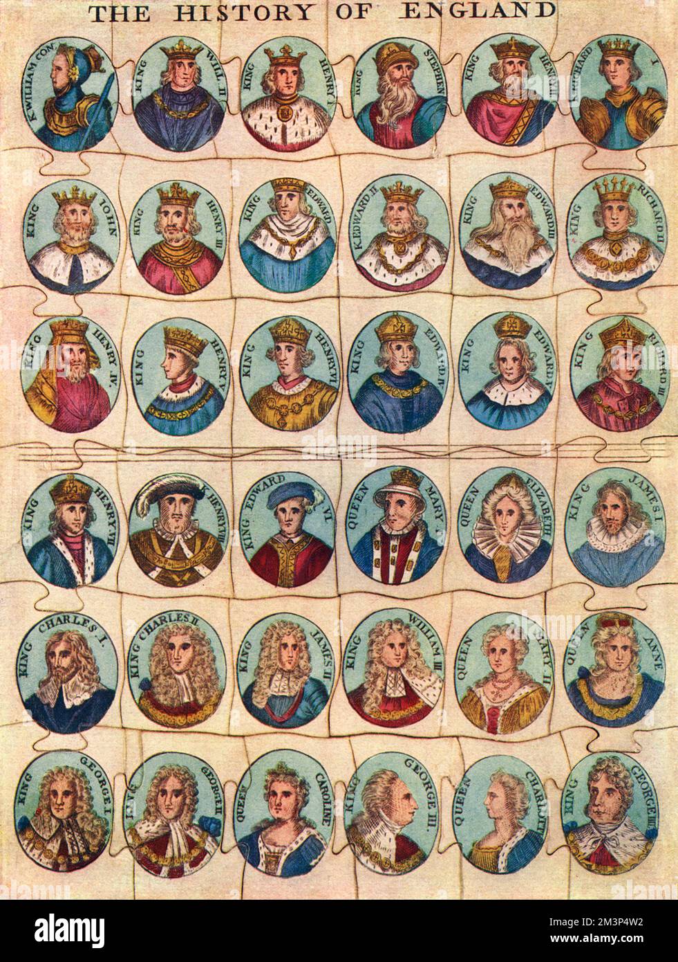 Ein sehr lehrreiches Puzzle aus dem frühen 19. Jahrhundert, mit Darstellungen der Könige und Königinnen von England von William I bis George IV Datum: 1937 Stockfoto