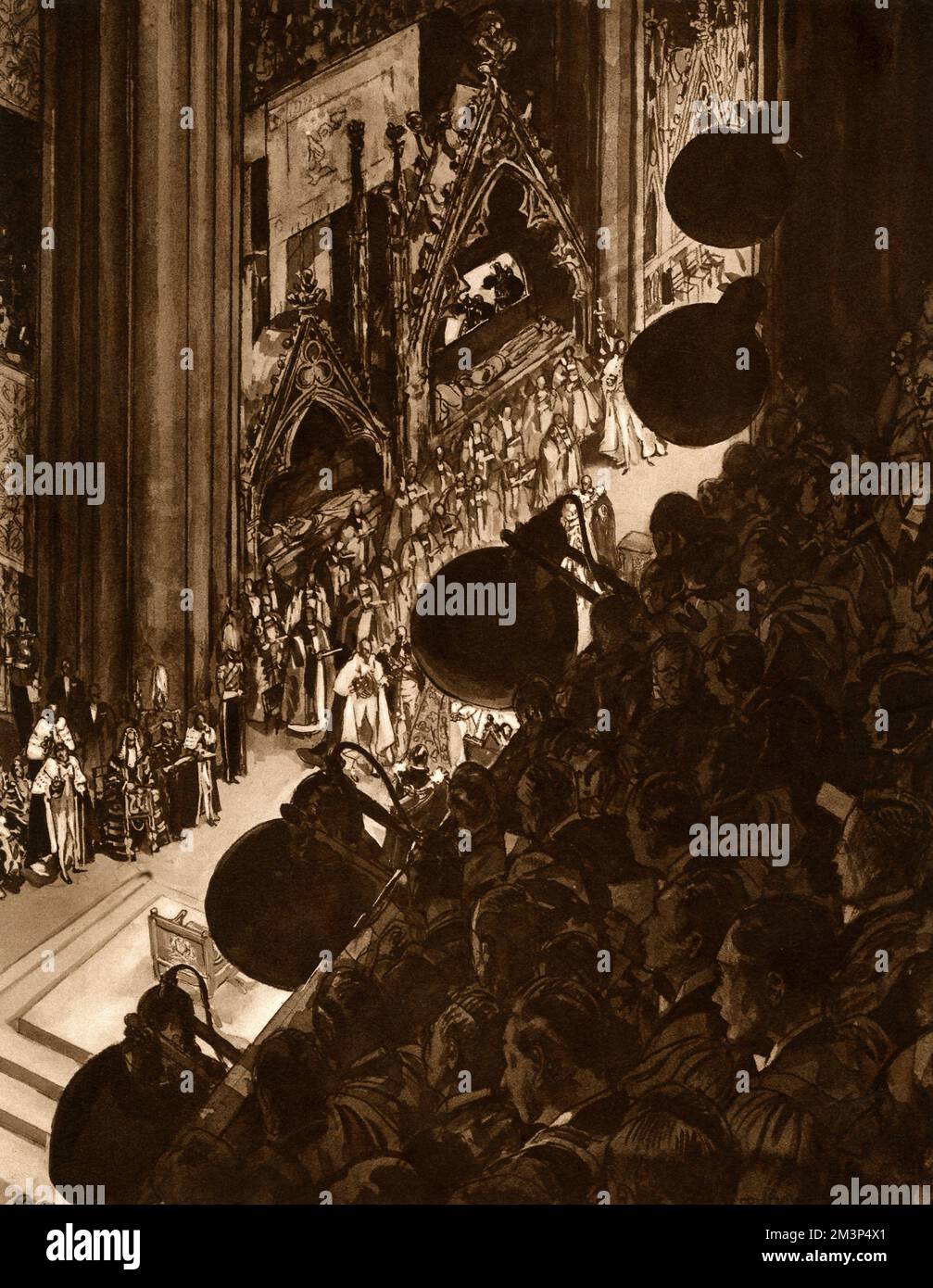 Die historische Zeremonie der Krönung von König George VI. Und seiner Gemahlin, Königin Elizabeth, drehte zum ersten Mal. Viele Schwierigkeiten mußten überwunden werden, darunter auch spezielle Beleuchtungseinrichtungen. Abbildung zeigt die leistungsstarken Flutlichter, die in unauffälligen Positionen rund um das Triforium und im Dach über dem Theater montiert sind. Datum: 1937 Stockfoto