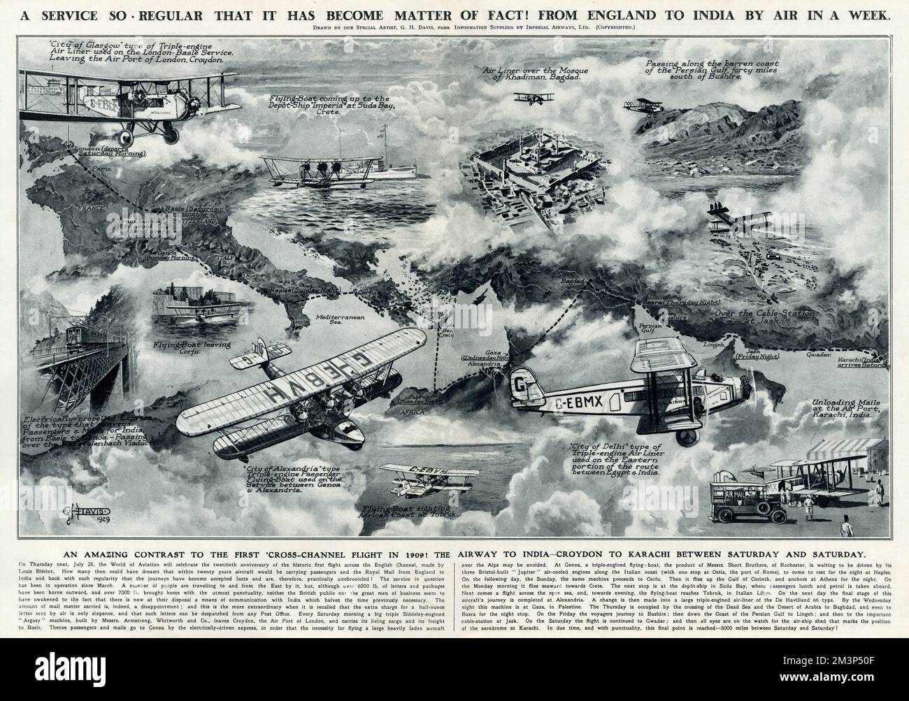 Ein Service, der so regelmäßig ist, dass er zur Realität geworden ist. Von England nach Indien per Flugzeug in einer Woche. Ein erstaunlicher Kontrast zum ersten kanalübergreifenden Flug im Jahr 1909. Der Luftweg nach Indien -- Croydon nach Karatschi zwischen Samstag und Samstag. Datum: 1929 Stockfoto