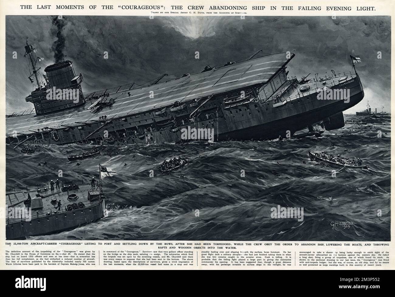 Die letzten Momente von HMS mutig nach Torpedos durch ein deutsches U-Boot: Die Besatzung verlässt das Schiff im schwindenden Abendlicht. Der 22.500 Tonnen schwere Flugzeugträger, der in den Hafen fährt und sich an den Bugen niederlässt. Die Besatzung ließ die Rettungsboote herunter und warf Flöße und Holzgegenstände ins Wasser. Datum: 1939 Stockfoto