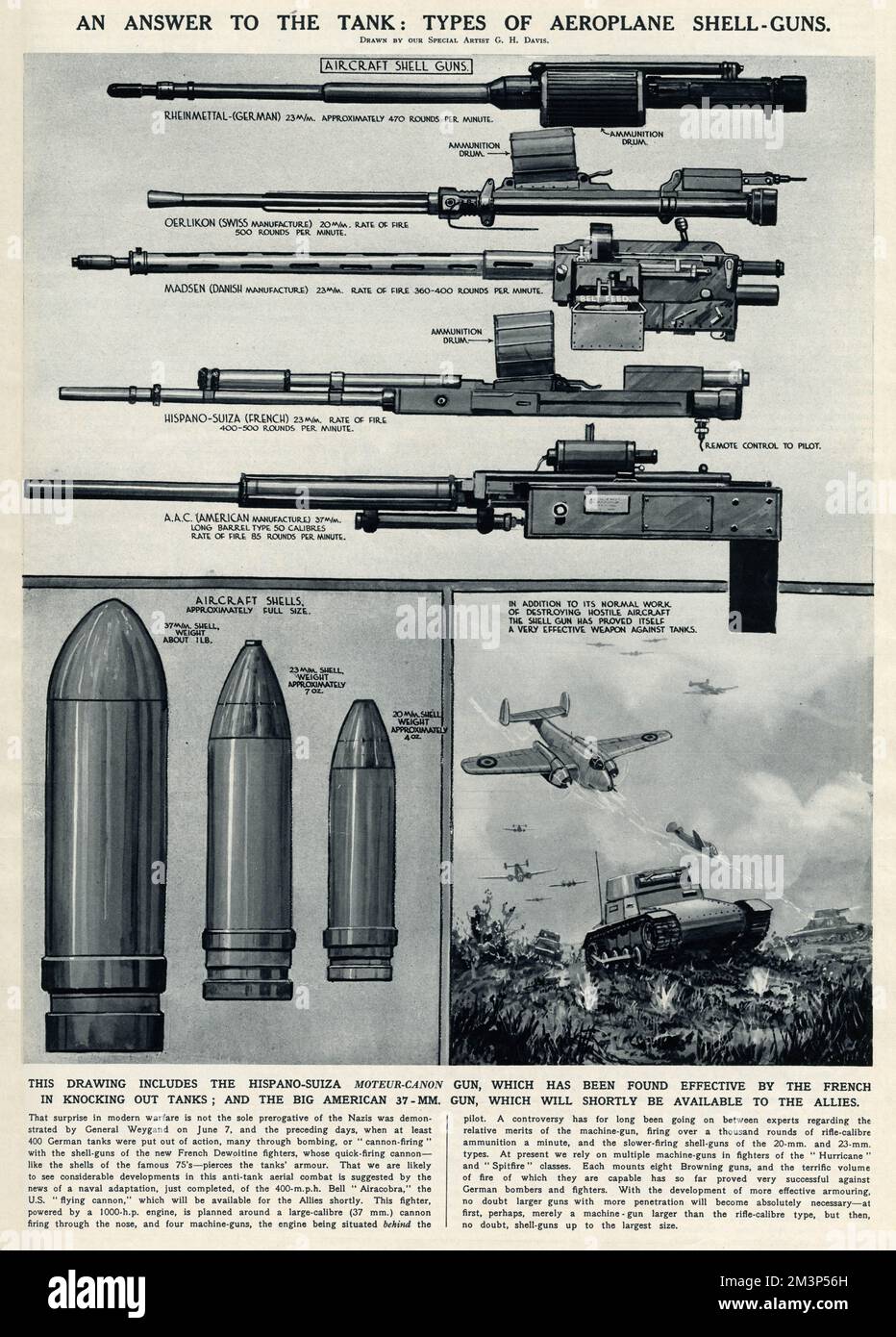 Eine Antwort auf den Panzer im Zweiten Weltkrieg: Arten von Patronengewehren. Dazu gehören die Hispano-Suiza-Moteur-Kanon-Waffe, die die Franzosen als wirksam beim Zerschlagen von Panzern befunden haben, und die große amerikanische 37mm-Waffe, die den Alliierten bald zur Verfügung stehen wird. Datum: 1940 Stockfoto