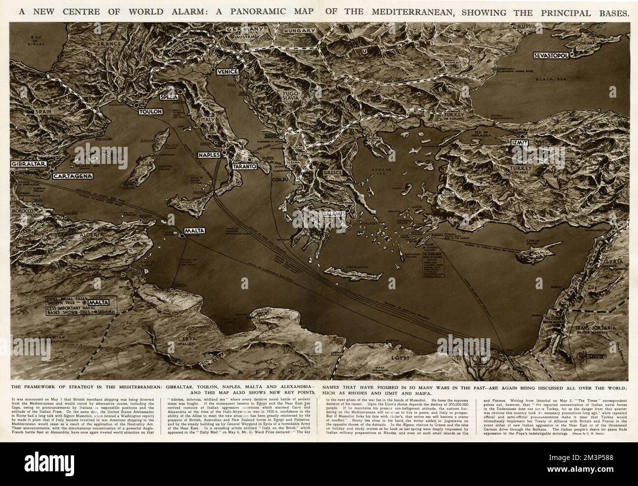 Ein neues Zentrum der Weltalarmierung während des Zweiten Weltkriegs: Eine Panoramakarte des Mittelmeers, die die wichtigsten Basen zeigt. Der Rahmen der Strategie im Mittelmeerraum: Gibraltar, Toulon, Neapel, Malta und Alexandria - Namen, die in so vielen Kriegen der Vergangenheit geprägt waren - werden wieder in der ganzen Welt diskutiert. Diese Karte zeigt auch neue Schlüsselpunkte wie Rhodos, Izmit und Haifa. Datum: 1940 Stockfoto