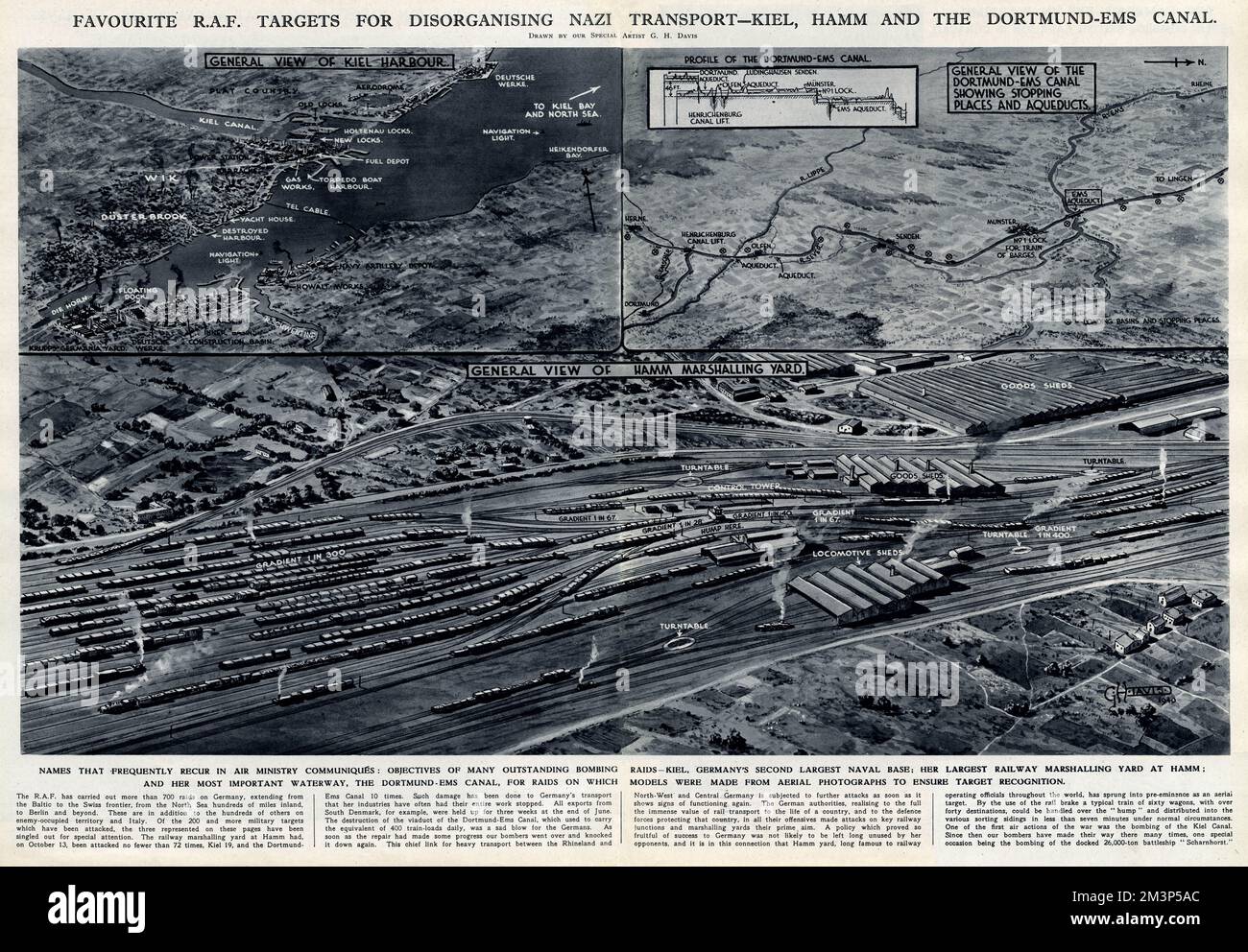 Bevorzugte RAF-Ziele zur Desorganisierung des deutschen Verkehrs -- Kieler Marinestützpunkt, Hammer Rangierbahnhof und Dortmund-Ems-Kanal. Datum: 1940 Stockfoto