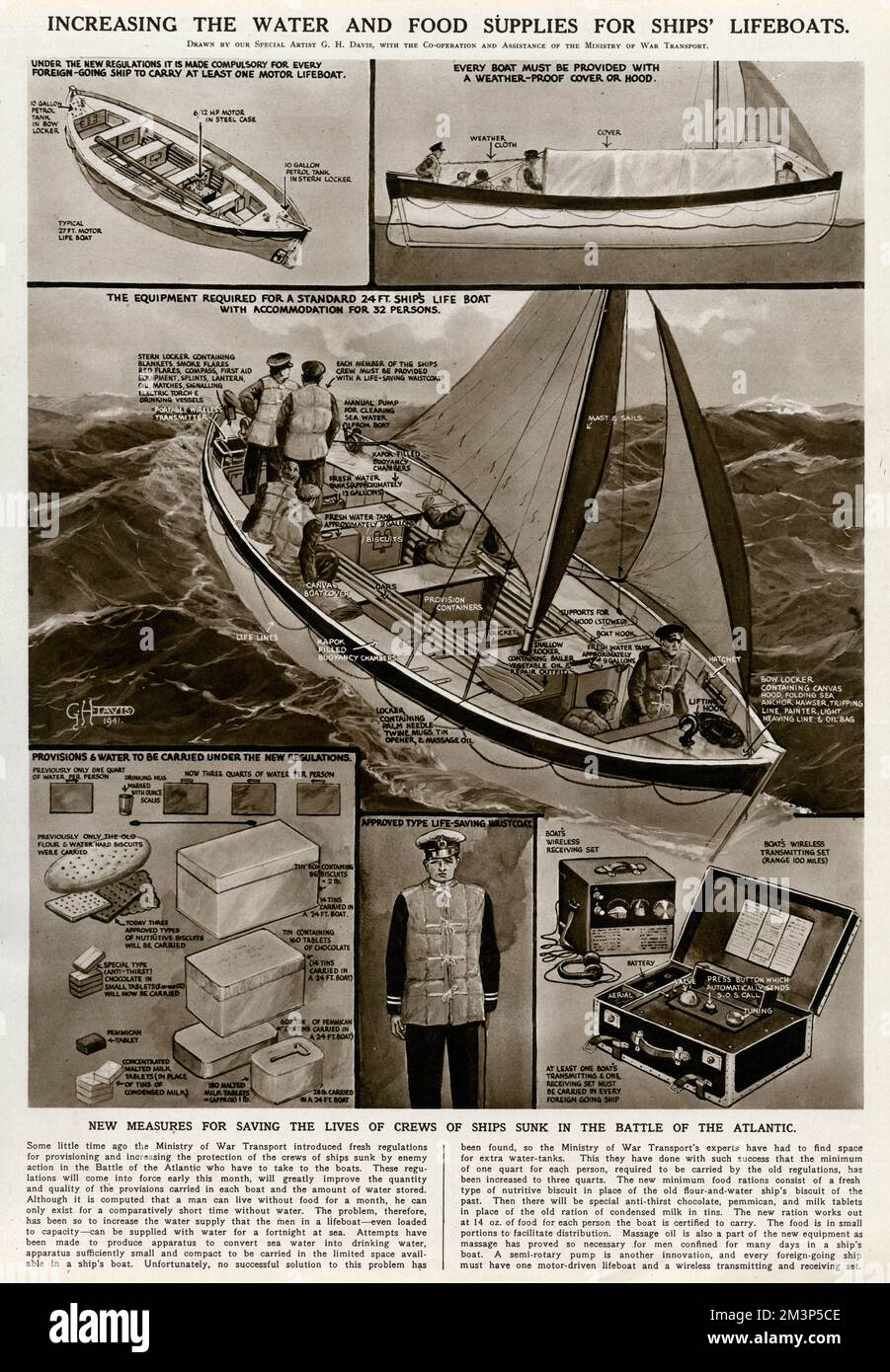 Erhöhung der Wasser- und Nahrungsmittelversorgung für Rettungsboote während des Zweiten Weltkriegs. Neue Maßnahmen zur Rettung der Besatzungen von Schiffen, die in der Schlacht um den Atlantik versenkt wurden. Datum: 1941 Stockfoto