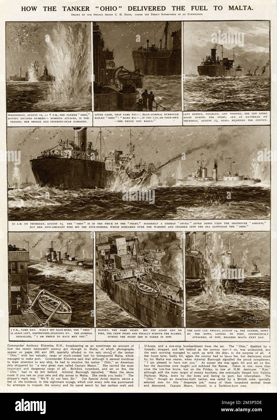 Wie der Tanker Ohio Malta während des Zweiten Weltkriegs trotz zahlreicher feindlicher Angriffe mit Treibstoff belieferte. Datum: 12-14. August 1942 Stockfoto