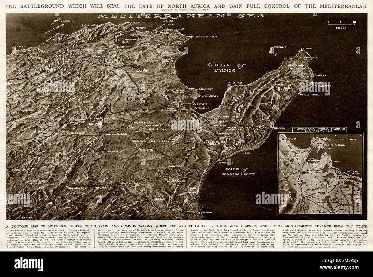 Das Schlachtfeld, das das Schicksal Nordafrikas besiegeln und während des Zweiten Weltkriegs die volle Kontrolle über das Mittelmeer erlangen sollte. Eine Konturkarte des nördlichen Tunesiens, des Terrains und der Kommunikation, wo drei alliierte Armeen den feindlichen Achsenmächten gegenüberstanden. Inset ist eine Karte, die Montgomerys Vormarsch aus dem Süden zeigt. Datum: 1943 Stockfoto