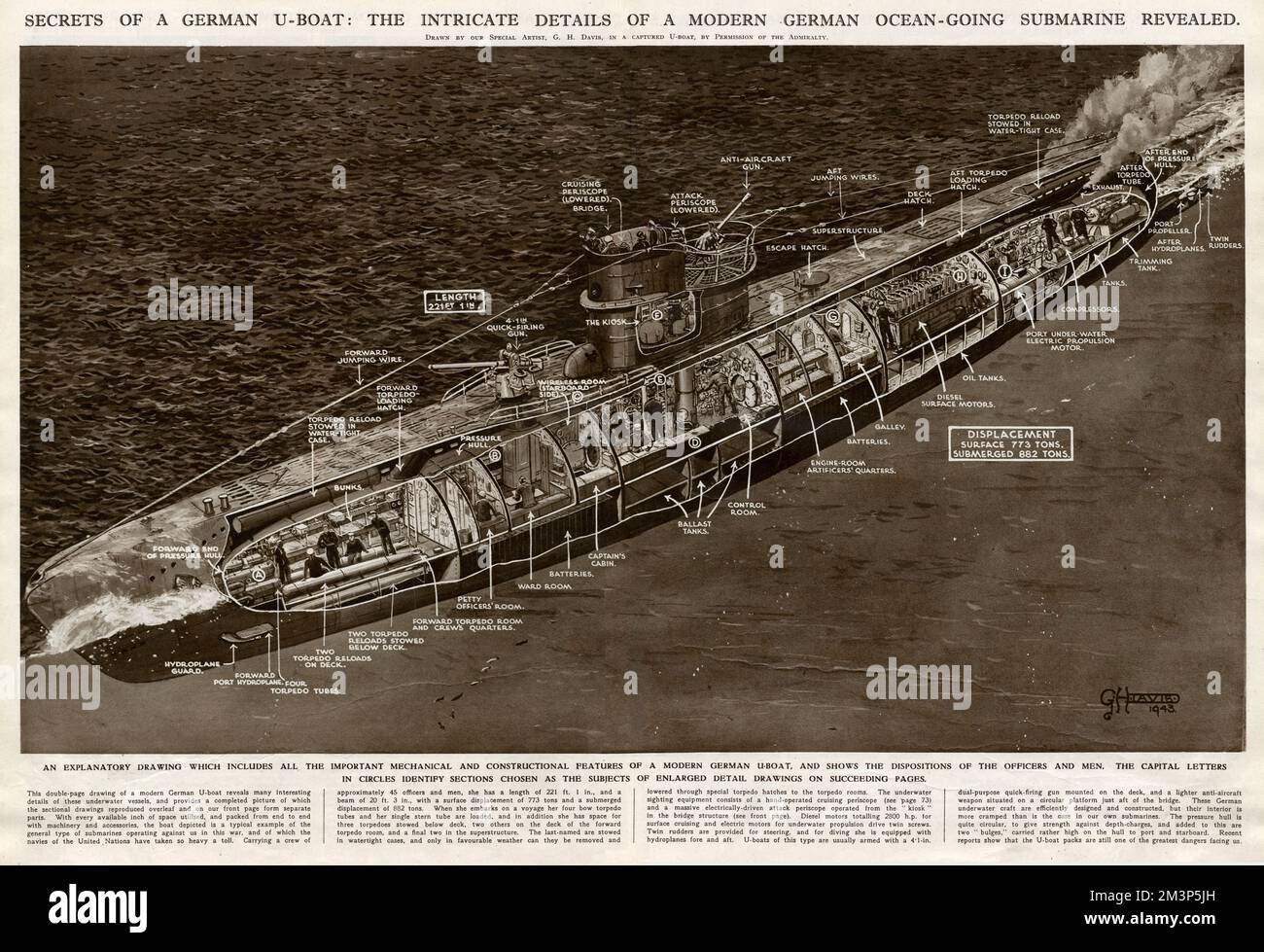 Geheimnisse eines deutschen U-Bootes im Zweiten Weltkrieg: Die komplizierten Details eines modernen deutschen Ozean-U-Boots enthüllt. Datum: 1943 Stockfoto