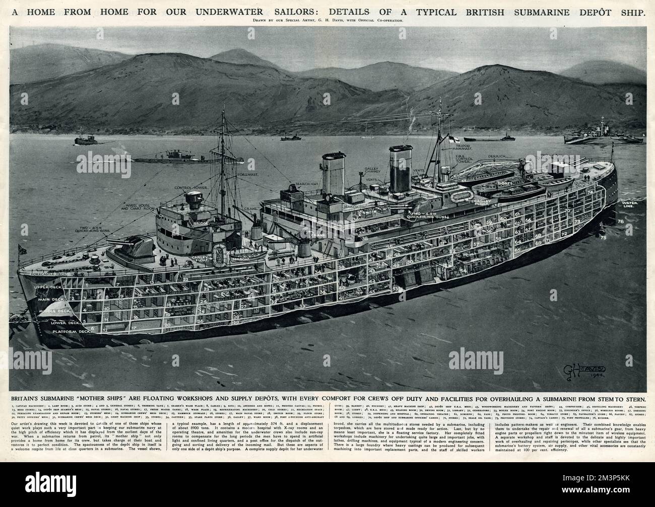 Ein zweites Zuhause für Unterwassersegler während des Zweiten Weltkriegs: Details eines typischen britischen U-Boot-Depots. Diese Mutterschiffe waren schwimmende Werkstätten und Vorratslager, mit allem Komfort für Besatzungen, die nicht im Dienst waren, und Einrichtungen zur Überholung eines U-Boots vom Stamm bis zum Heck. Stockfoto