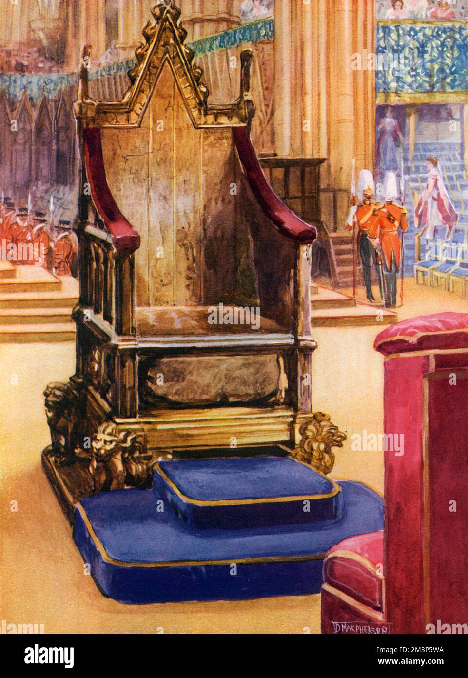 Der Krönungsstuhl, auch bekannt als König Edwards Stuhl, in Westminster Abbey, London, kurz vor der Krönung von König George V. Er wurde 1301 von König Edward I. beauftragt, den Krönungsstein Schottlands, bekannt als der Stein des Scone, zu enthalten, den er aus den Schotten gefangen nahm. Der Stuhl wurde nach Englands einzigem heiligen König benannt, Edward dem Konfessor. Es wurde aus Eiche geschnitzt -- die vier vergoldeten Löwen an ihren Füßen sind spätere Ergänzungen. Datum: 1937 Stockfoto