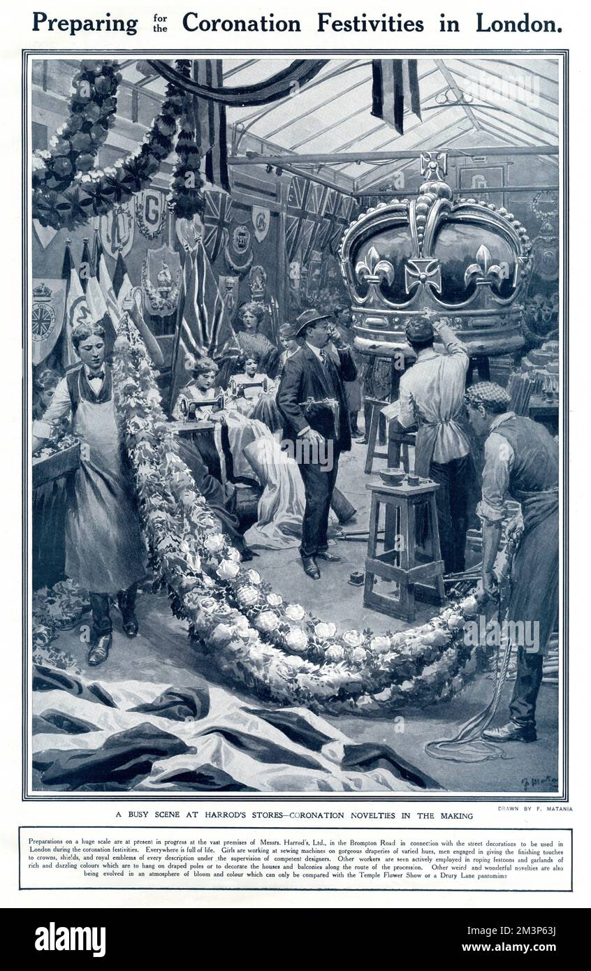 Eine geschäftige Szene im Kaufhaus Harrod's, in der die große Auswahl an Neuheiten der Krönung gezeigt wird, die in der Herstellung zum Dekorieren des Ladens und der umliegenden Straßen zu finden sind. Datum: 1911 Stockfoto