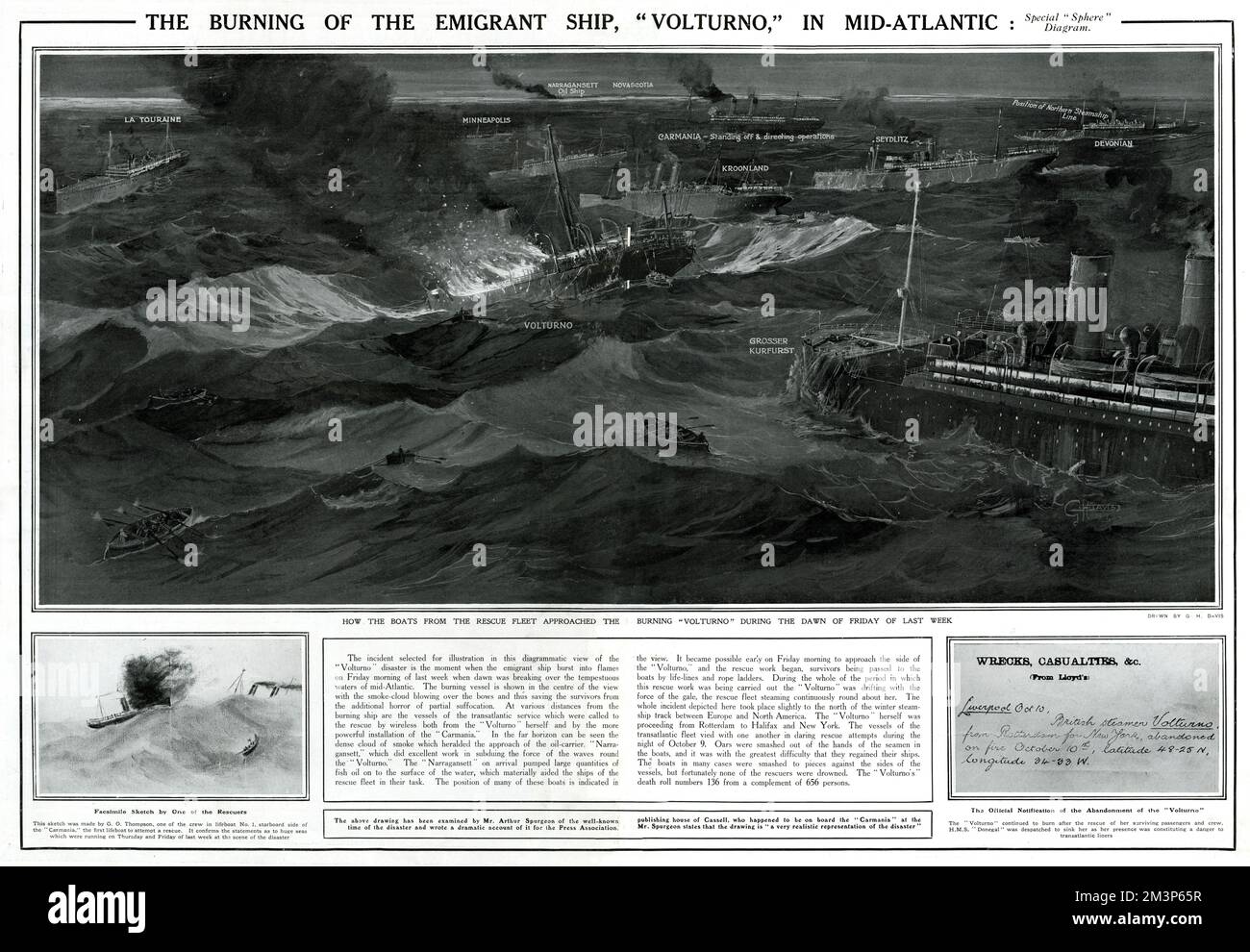 Verbrennung des Auswandererschiffs Volturno durch G. H. Davis Stockfoto