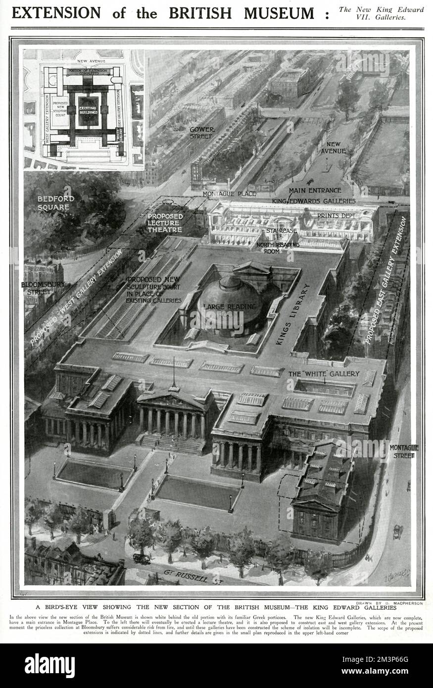 Erweiterung des Britischen Museums in London: Die neuen King Edward VII Galleries. Eine Vogelperspektive, die den neuen Gebäudeabschnitt zeigt. Stockfoto