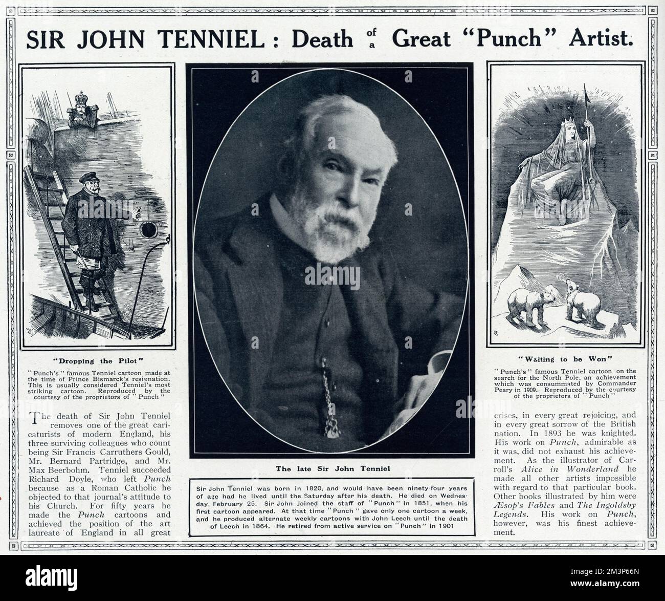 Sir John Tenniel (1820-1914), britischer Künstler, Illustrator und politischer Karikaturist, der gerade gestorben war. Hier sehen Sie zwei seiner berühmtesten Punch-Cartoons: Den Piloten fallen lassen und auf den Sieg warten. 1914 Stockfoto