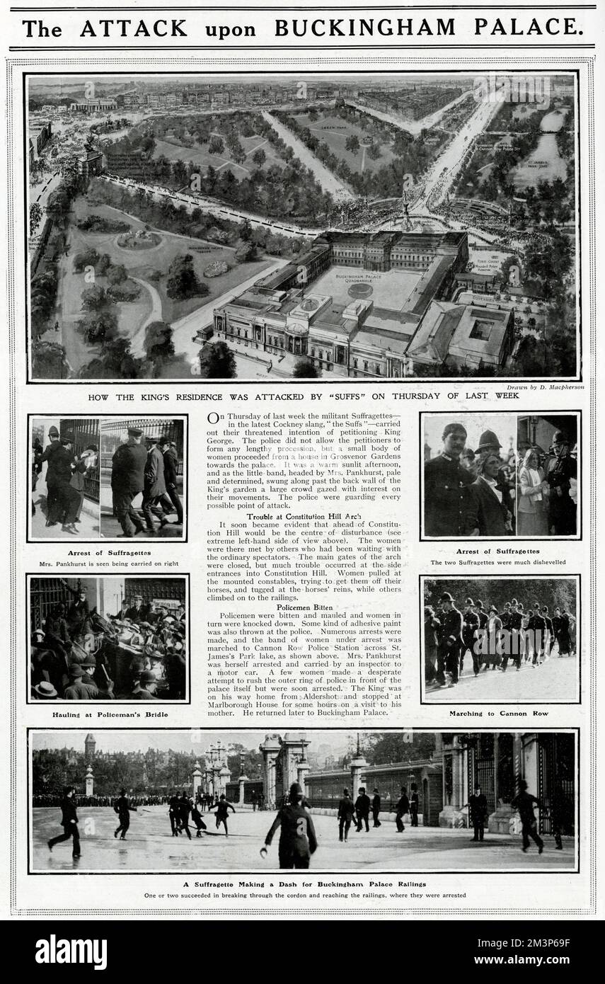 Suffragettes, angeführt von Mrs. Emmeline Pankhurst, versucht, eine Petition an König George V. im Buckingham Palace, London, zu überreichen. Es wurden zahlreiche Festnahmen vorgenommen. Einschließlich einer Zeichnung des Palastes, um zu zeigen, wie sich die Suffragetten dem Gebäude näherten. Stockfoto
